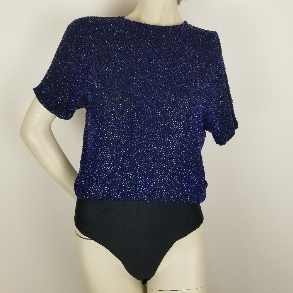 Vintage silk beaded black and blue body suit. Whimsigoth, Celestial, Night Court